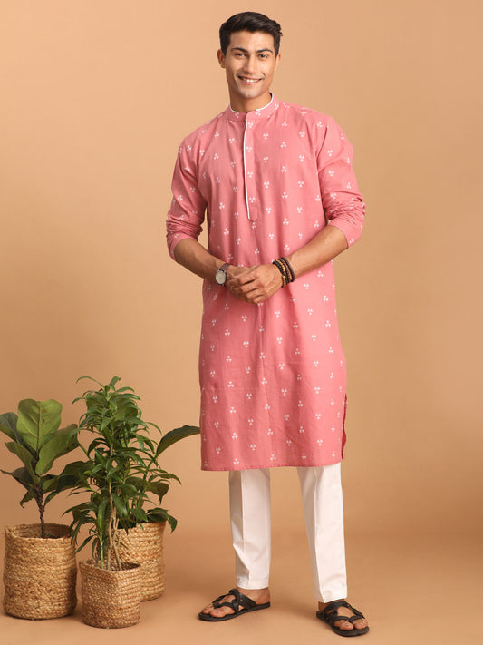 Men's Pink And White Cotton Kurta Pyjama Set