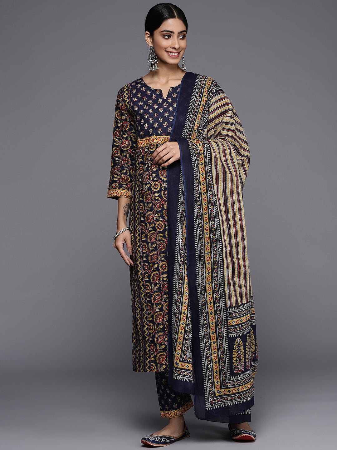 navy blue printed yoke design kurta  paired with printed straight pant  and dupatta