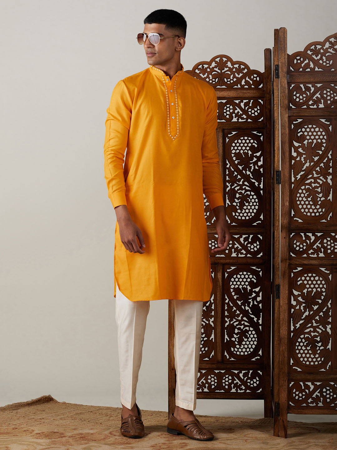 Men's Yellow Cotton Blend Kurta