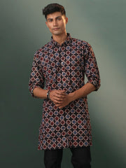 Men's Multicolor Base Black Cotton Kurta