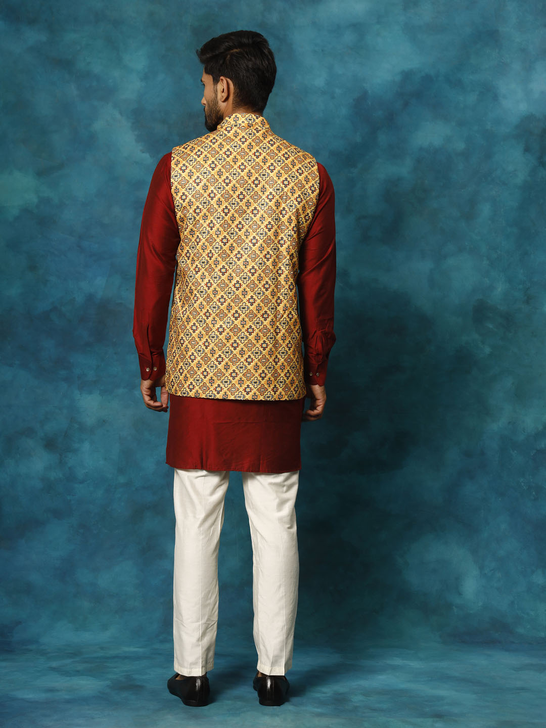 Men's Mustard Yellow, Maroon And Cream Viscose Jacket, Kurta and Pyjama Set