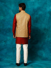 Men's Mustard Yellow, Maroon And Cream Viscose Jacket, Kurta and Pyjama Set