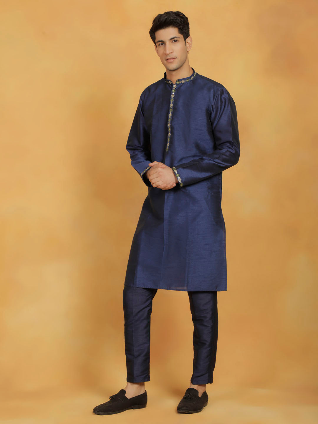 Men's Navy Blue Dupion Silk Kurta Pyjama Set