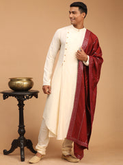 Men's Cream Viscose Blend Kurta Pyjama Set With Dupatta