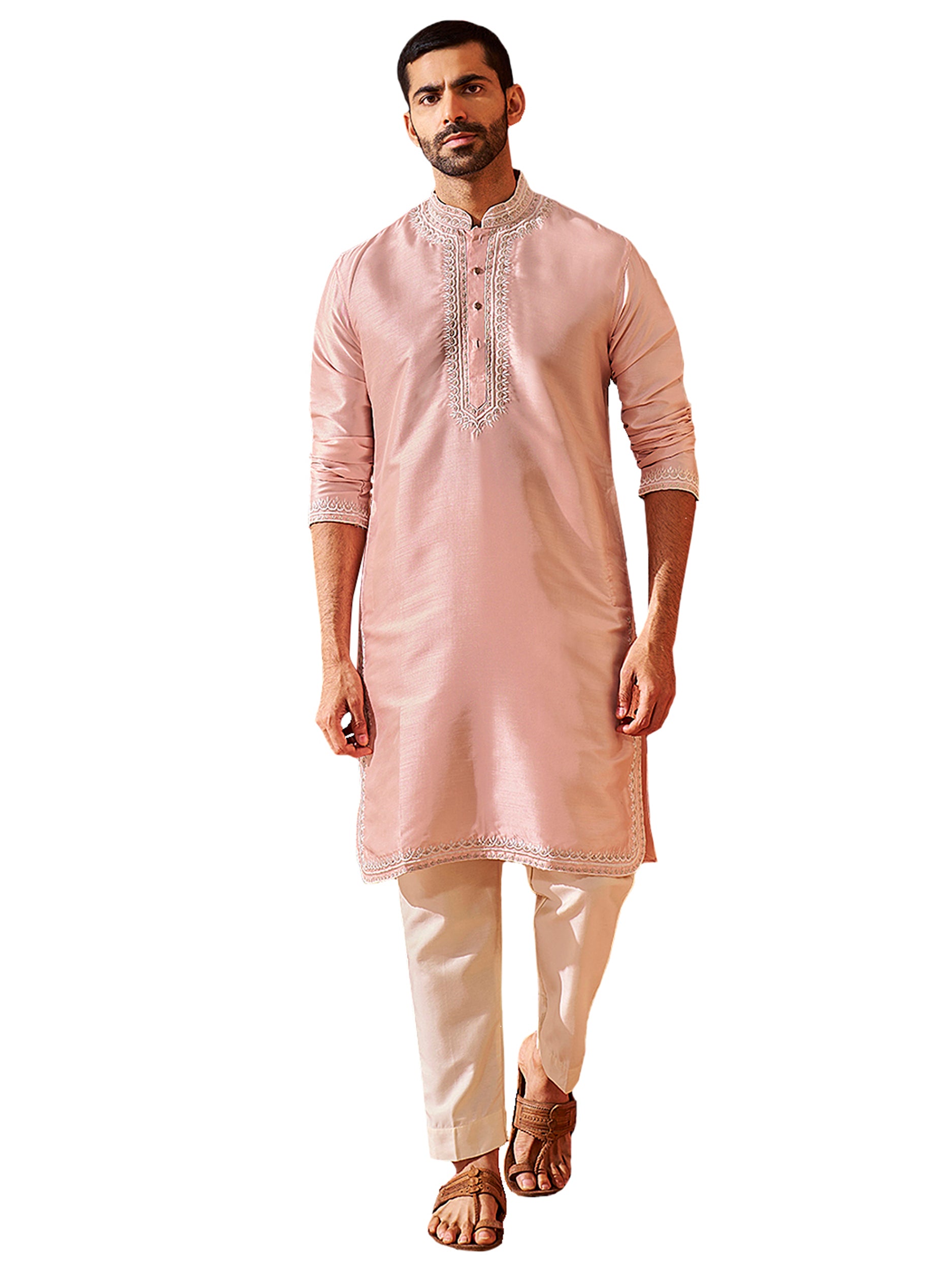 Men's Peach Silk Blend Kurta And Pyjama Set.