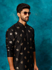 Men's Black And Rose Gold Cotton Blend Kurta Pyjama Set