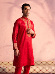 Men's Red And Cream Moonga Silk Kurta