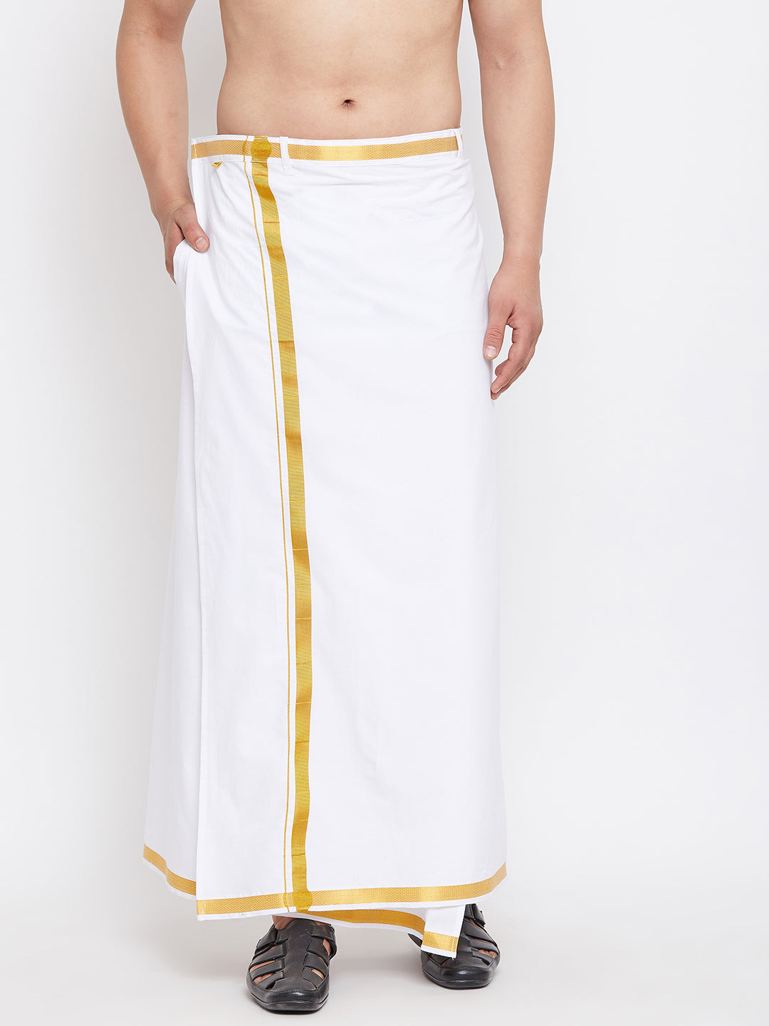 Men's White And Gold Dhoti/Mundu/Vesty