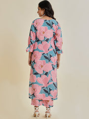 Women Teal And Pink Floral Printed Straight Kurta Paired With Bottom