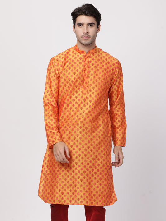 Men Orange Cotton Blend Kurta