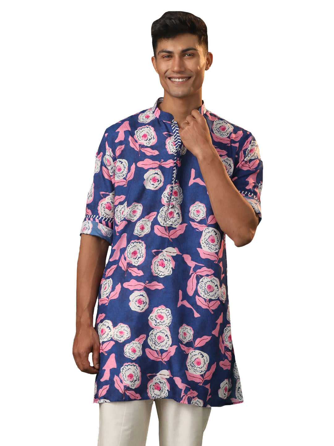 Men's Navy Blue Cotton Blend Kurta