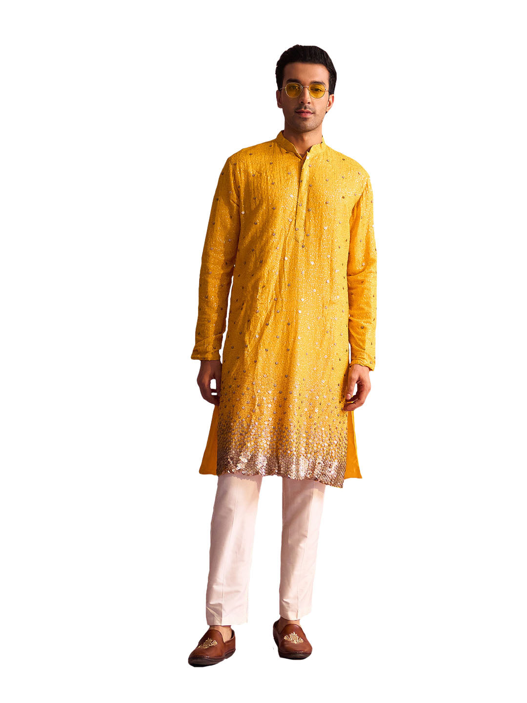 Men's Yellow And Cream Georgette Kurta Pyjama Set