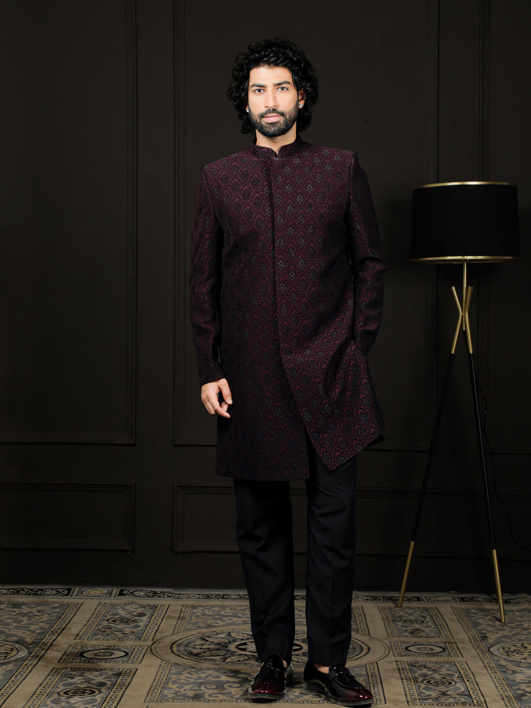 Men's Wine Silk Blend Sherwani Set