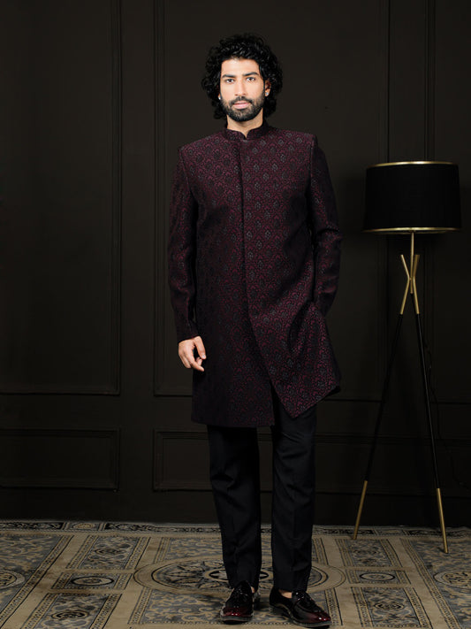 Men's Wine Silk Blend Sherwani Set