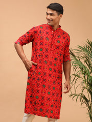 Men's Red Cotton Blend Kurta