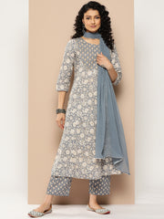 Women Grey Floral Printed Anarkali Kurta Paired With Printed  Bottom And Solid Chiffon Dupatta