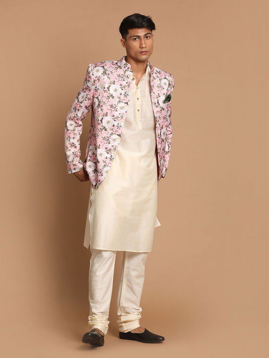 Men's Pink And Cream Viscose Ethnic Combo Set