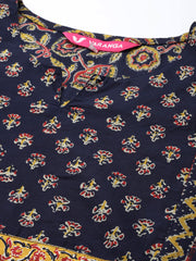 navy blue printed yoke design kurta  paired with printed straight pant  and dupatta