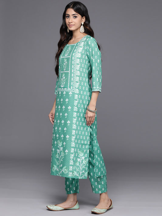 Women Sea Green Printed Kurta Set Paired With Printed Bottom