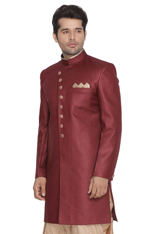 Men's Maroon Polyester Lurex Blend Sherwani Only Top