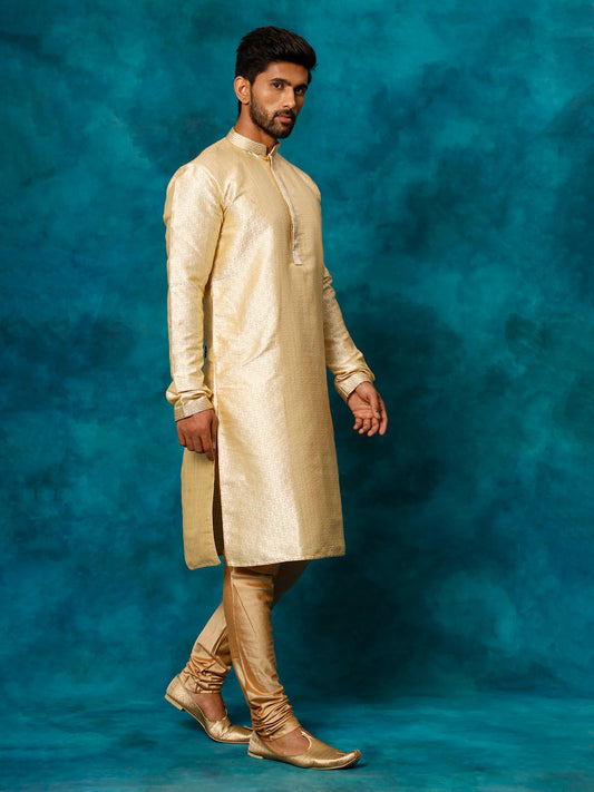 Men's Gold And Rose Gold Silk Blend Kurta Pyjama Set