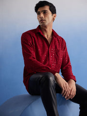 Men's Maroon Rayon Ethnic Shirt