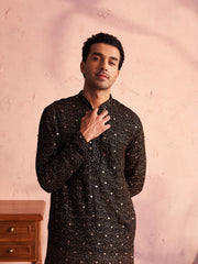 Men's Black And Cream Georgette Kurta and Patiala Set