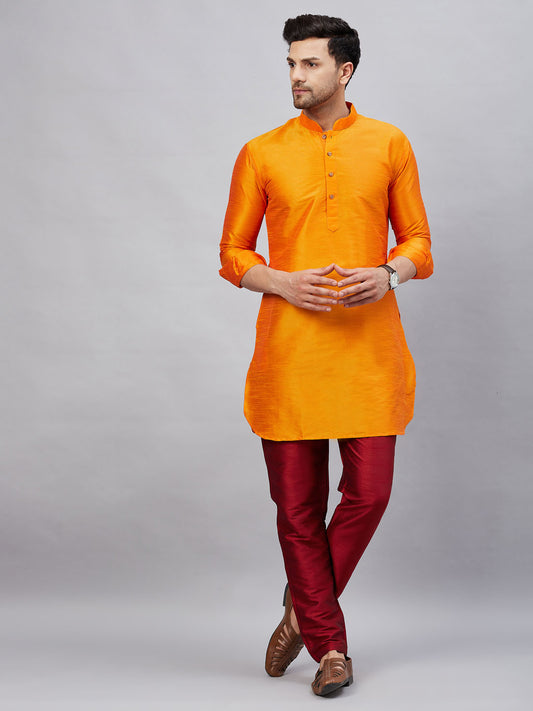 Men's Orange And Maroon Cotton Blend Kurta Pyjama Set