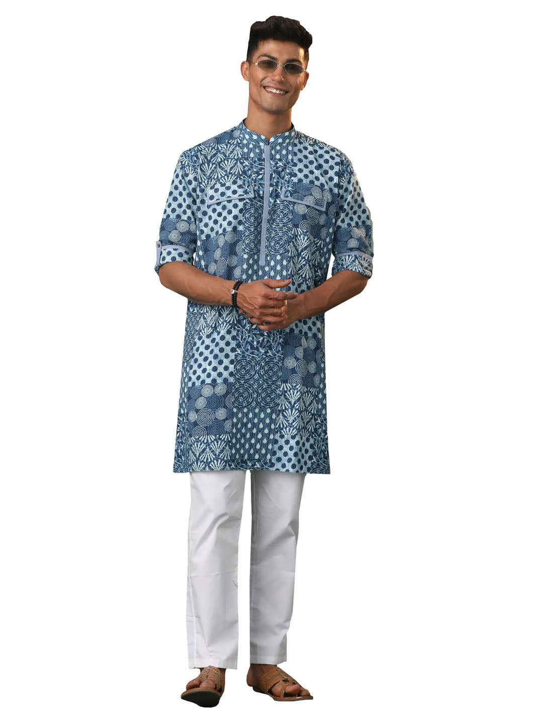 Men's Blue And White Cotton Kurta Pyjama Set