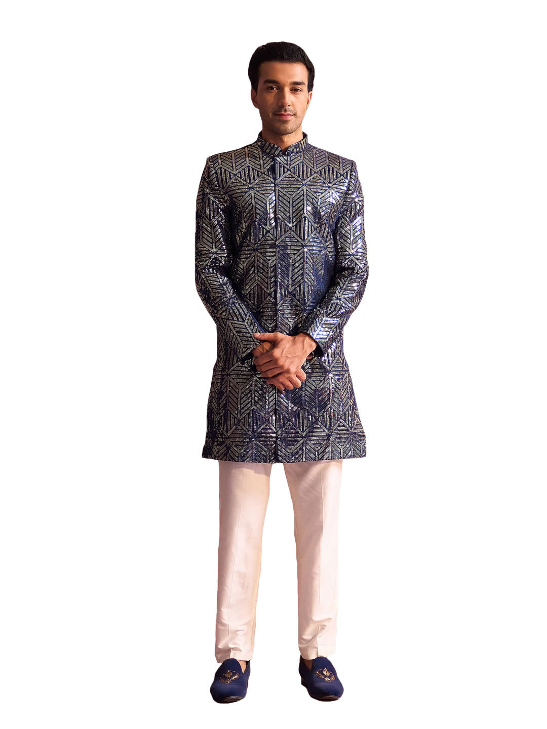 Men's Navy Blue And Cream Georgette Sherwani Set