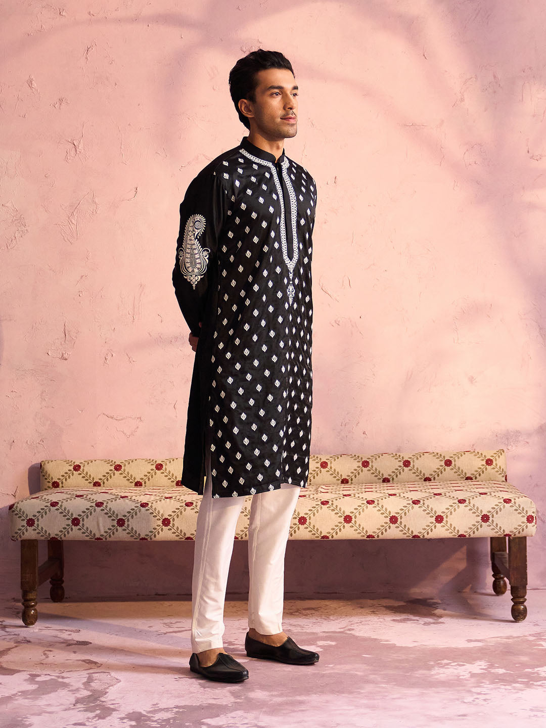 Men's Black And Cream Moonga Silk Kurta