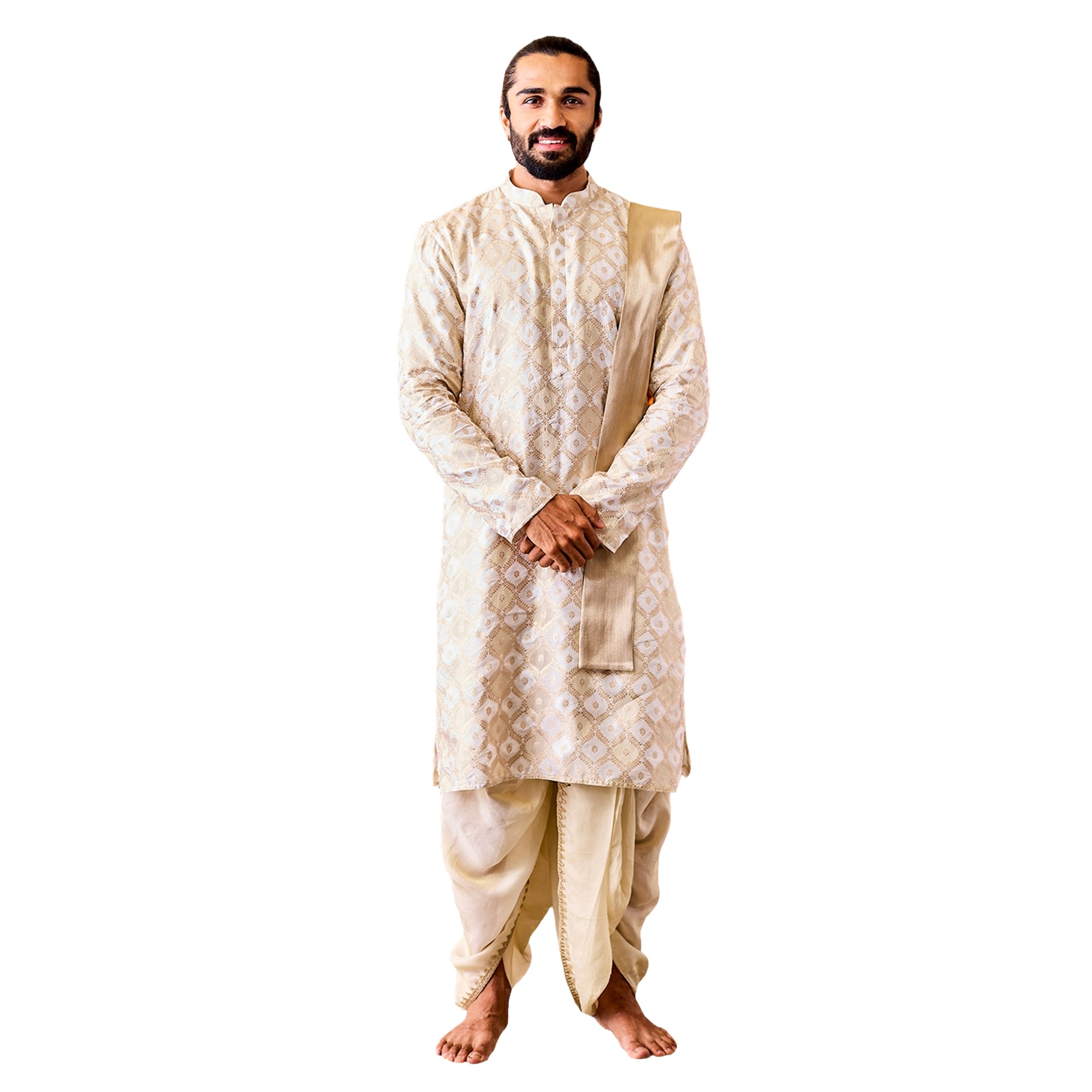 Men's Cream Tissue Benarasi Jacquard Kurta Dhoti And Dupatta Set