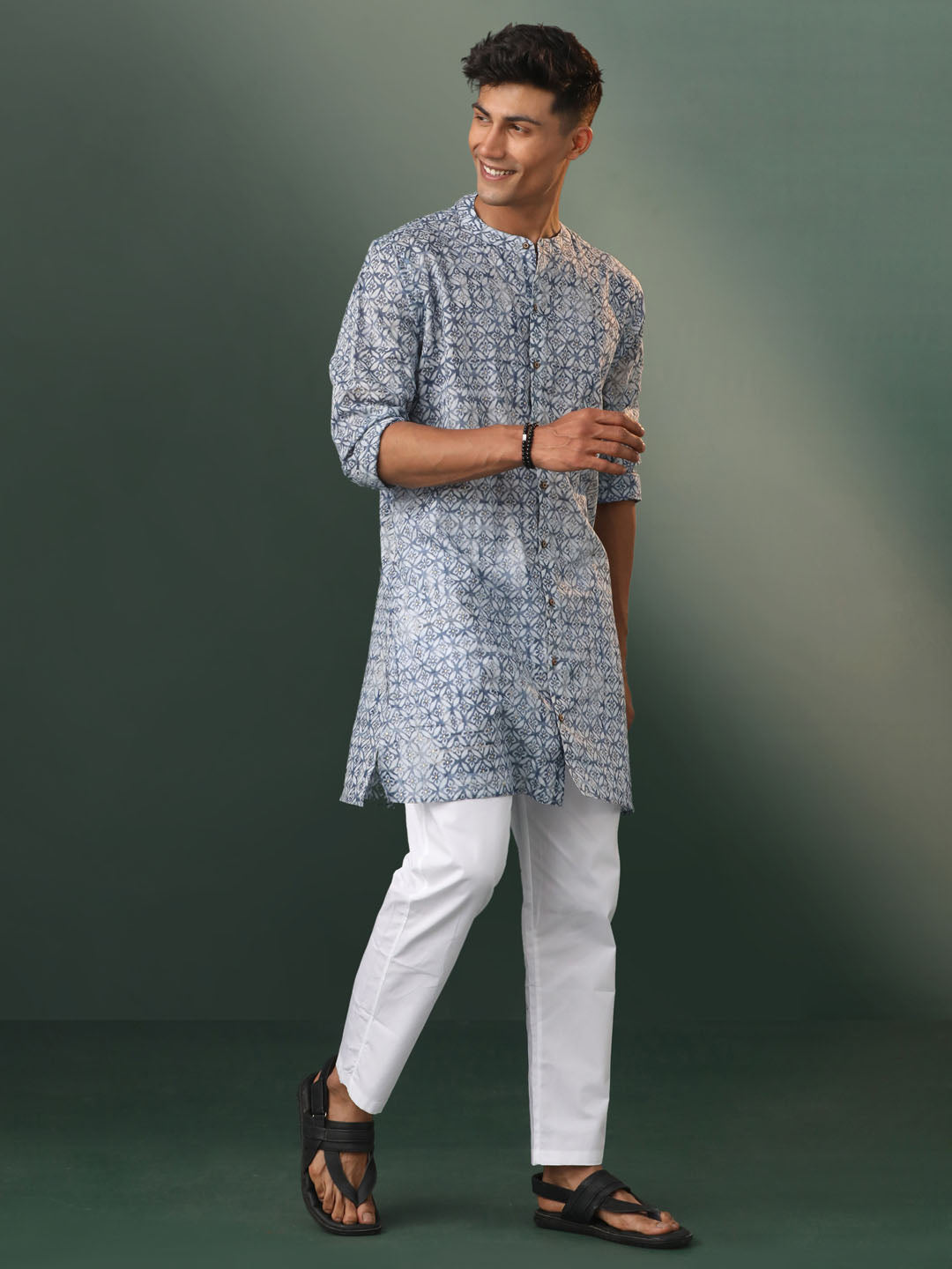 Men's Blue And White Cotton Kurta Pyjama Set