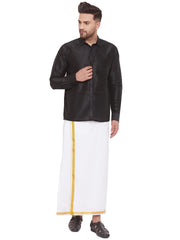 Men's Black and White Silk Blend Shirt And Mundu