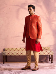 Men's Rose Gold And Red Moonga Silk Jacket, Kurta and Pyjama Set