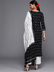 black and white cotton printed yoke design kurta paired with printed dupatta and trouser