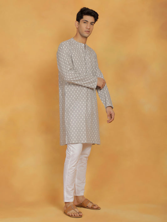 Men's Gray And White Cotton Kurta and Pyjama Set