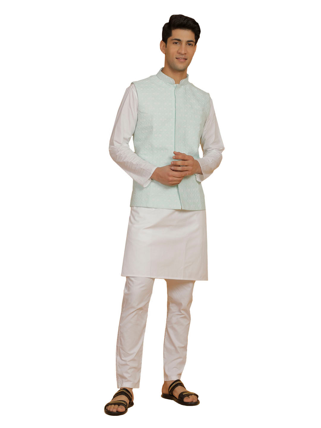 Men's White And Green Cotton Silk Jacket, Kurta and Pyjama Set