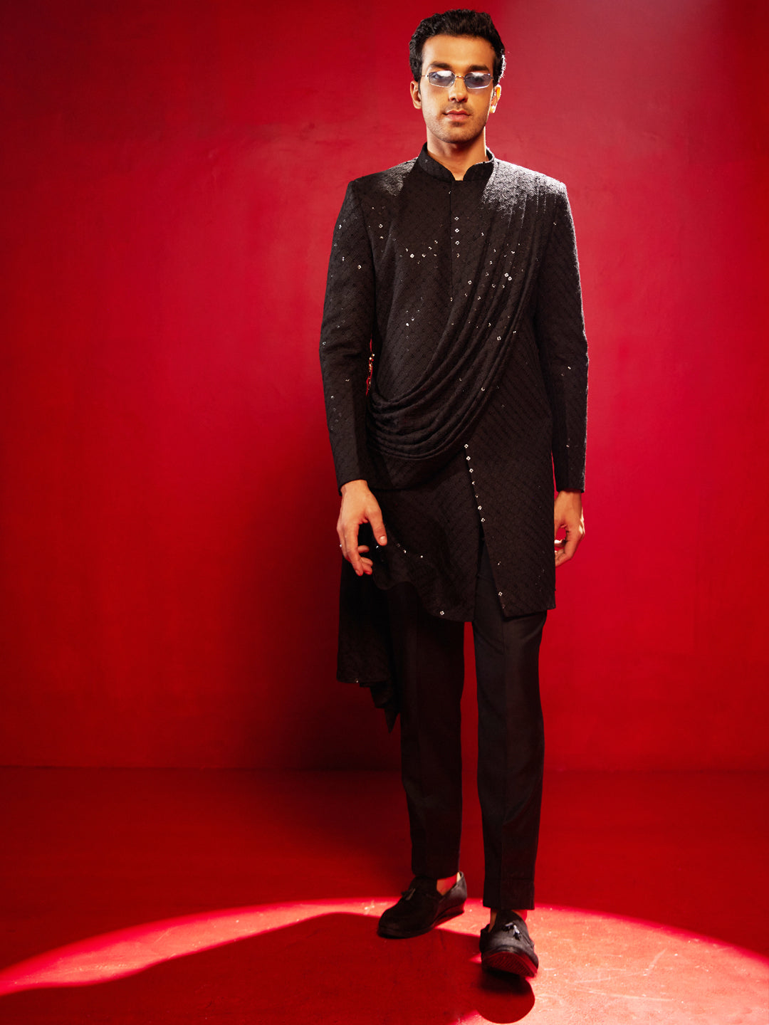 Men's Black Silk Blend Sherwani Set