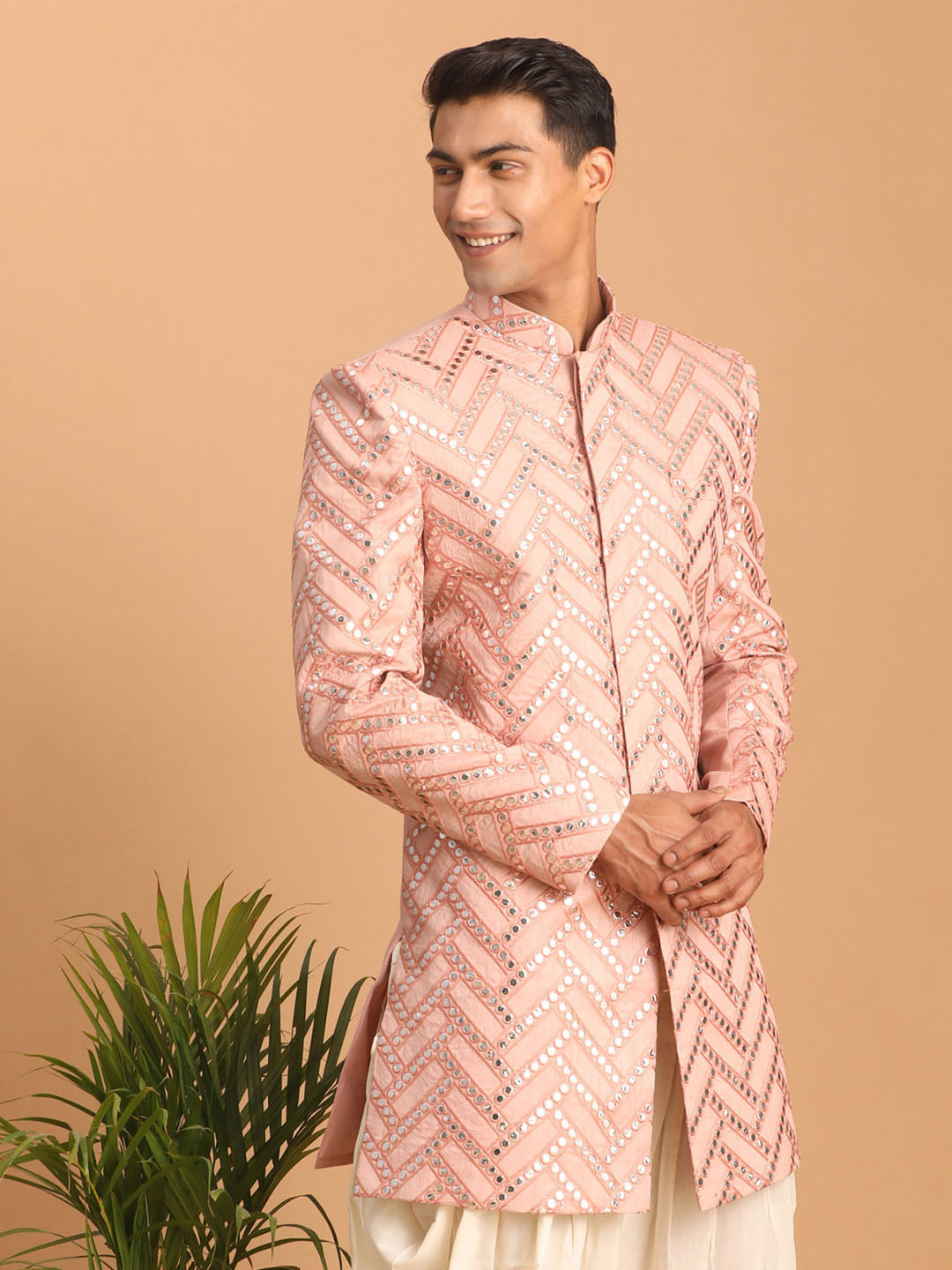 Men's Pink Silk Blend Sherwani Only Top