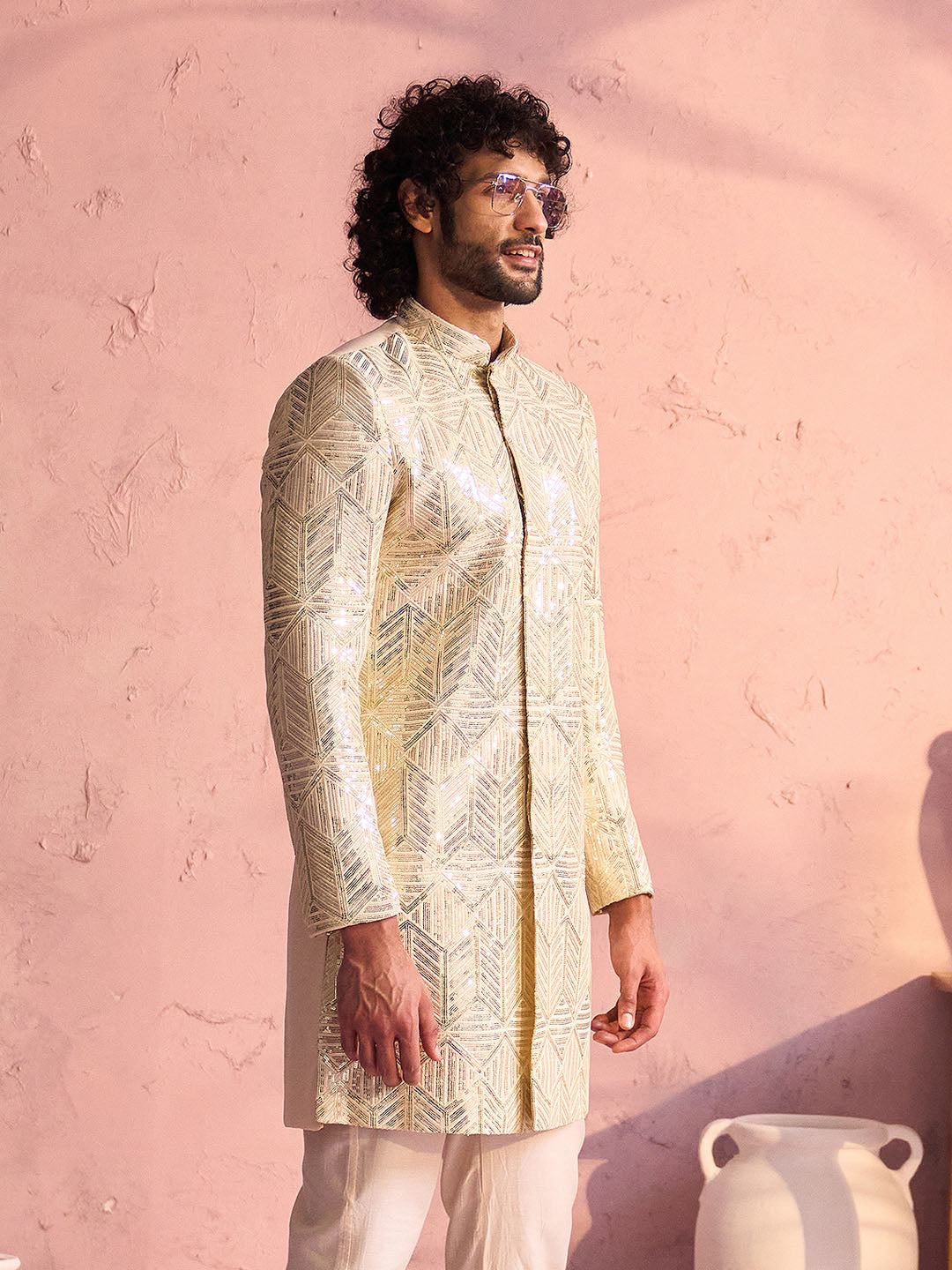 Men's Cream Georgette Sherwani Only Top