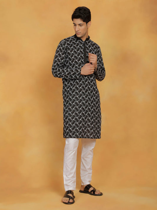 Men's Black And White Cotton Kurta And Pyjama Set