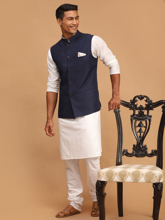 Men's Navy Blue And White Cotton Blend Jacket, Kurta and Pyjama Set