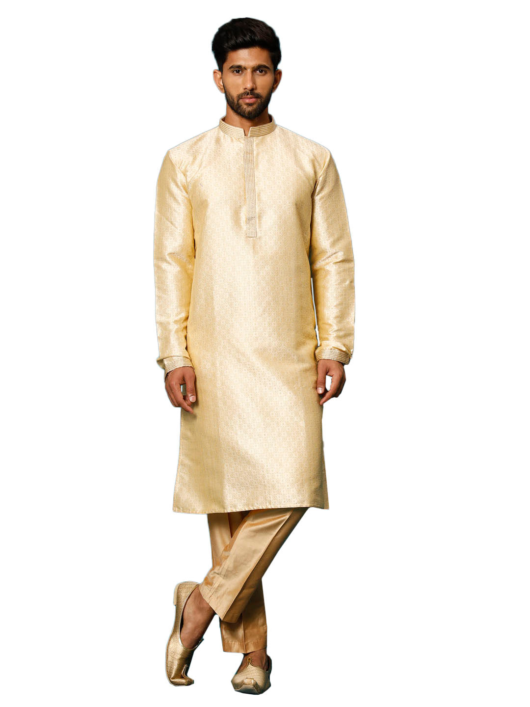 Men's Gold And Rose Gold Silk Blend Kurta Pyjama Set