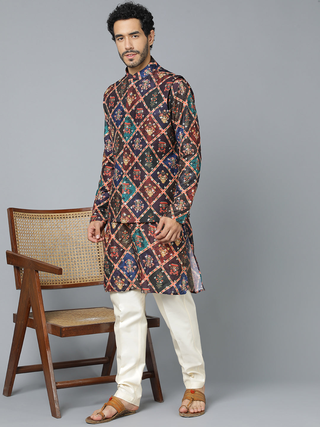 Men's Purple And Cream Muslin Jacket, Kurta and Pyjama Set