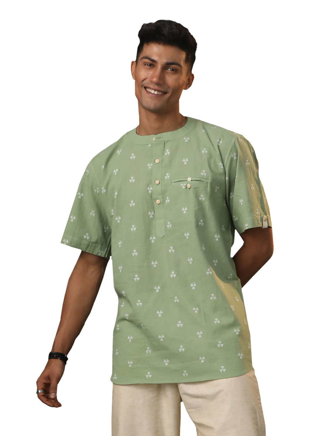 Men's Green Cotton Short Kurta