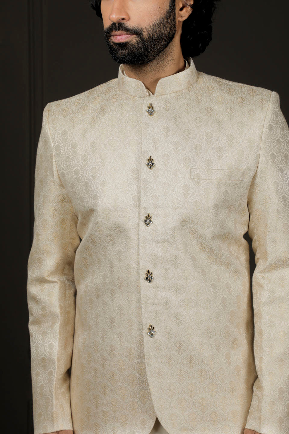 Men's Gold And Cream Viscose Jodhpuri, Kurta and Pyjama Set