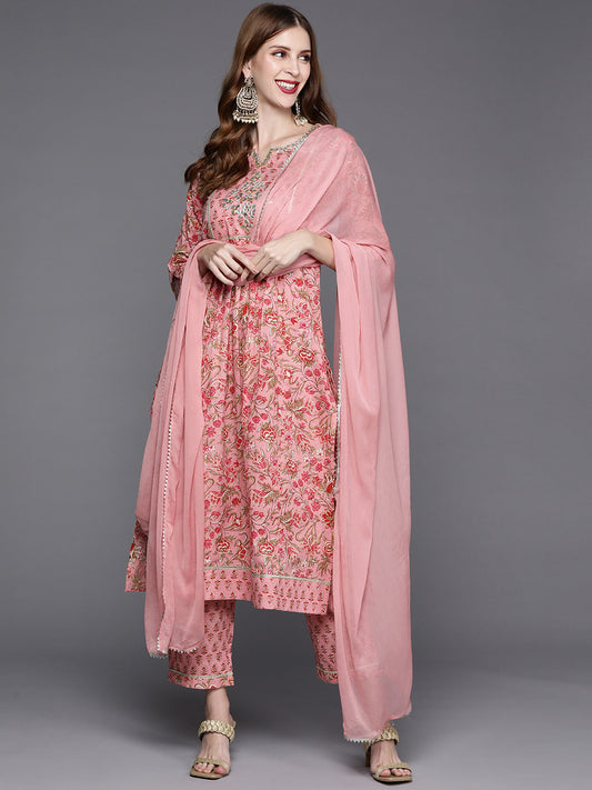 women floral printed embroidered kurta with straight pant and chiffon dupatta