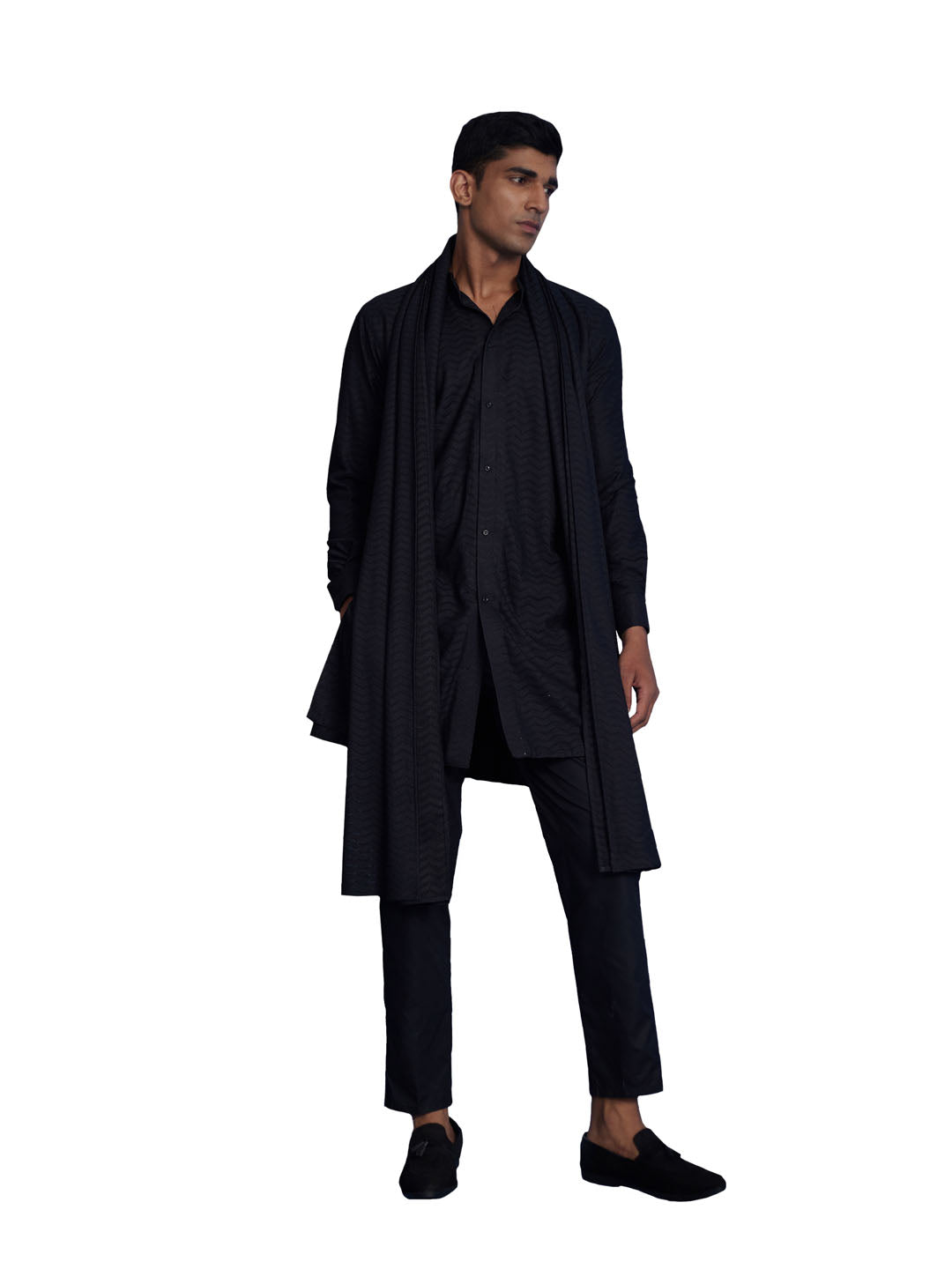 Men's Black Net Kurta, Pyjama & Dupatta Set