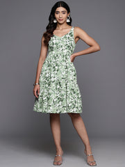 Varanga Women  Green & White Printed V-Neck Tiered Dress With Flared Hem